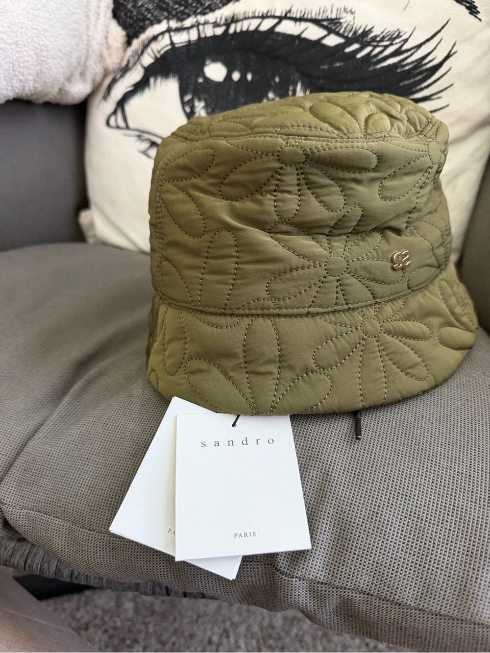 Sandro Olive Quilted Floral Bucket Hat with Logo Pin - Picture 3 of 3